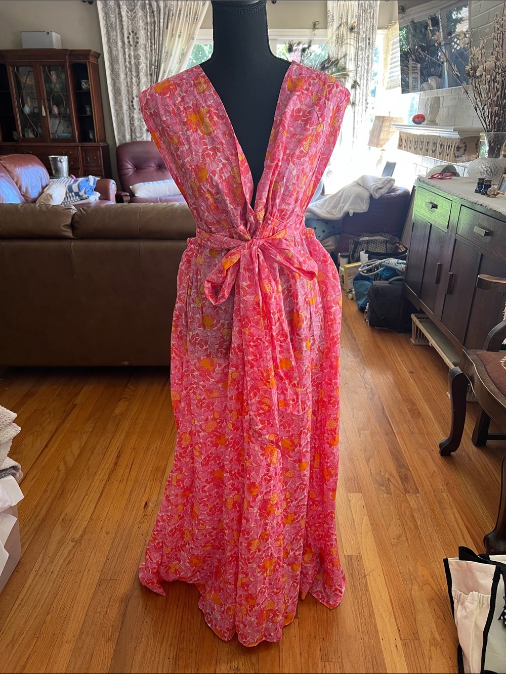 Bright Pink Floral Tie-Waist Maxi Dress or beach coverup